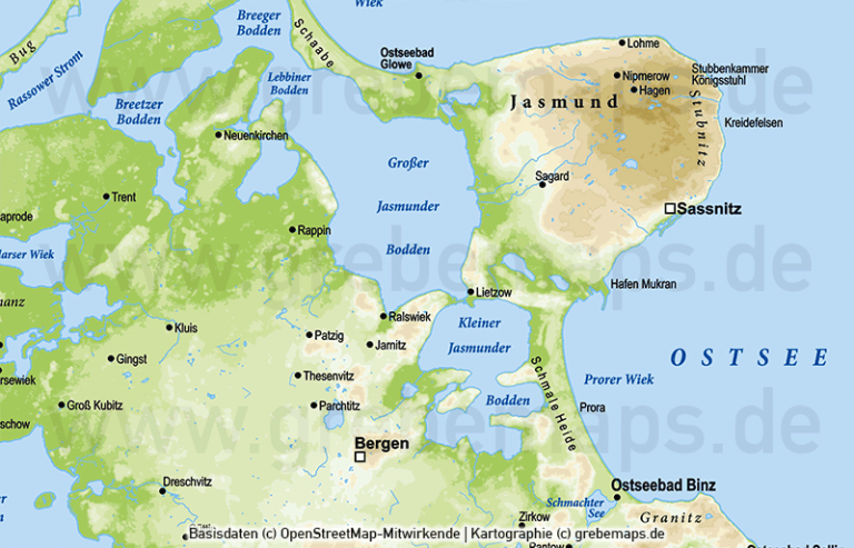 Rügen Vektorkarte Höhenschichten Übersichtskarte Basiskarte grebemaps