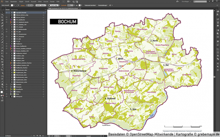 Bochum Stadtplan Stadtbezirke Stadtteile Topographie Vektorkarte