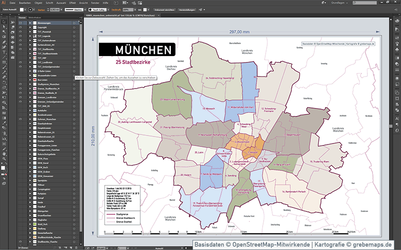 München Stadtplan Vektor Stadtbezirke Stadtteile Topographie, Karte Stadtplan München, Vektorkarte München