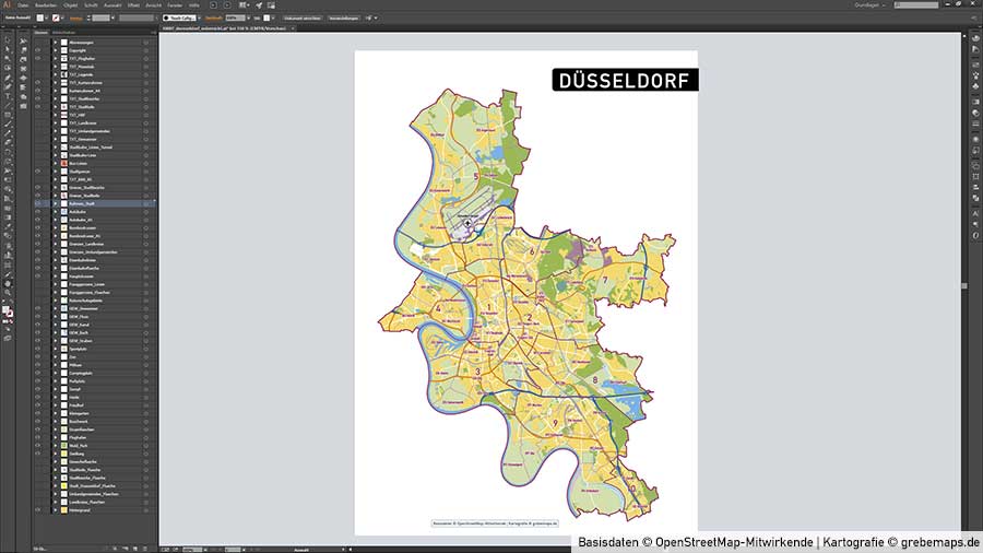 Düsseldorf Stadtplan Vektor Stadtbezirke Stadtteile Topographie, Vektorkarte Düsseldorf, Karte Düsseldorf, Vektorgrafik Düsseldorf, Stadtplan Düsseldorf