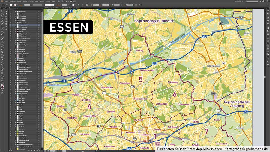 Essen Stadtplan Vektor Stadtbezirke Stadtteile Topographie, Vektorkarte Stadt Essen, Stadtkarte Essen, Karte Essen, Karte Essen Stadtteile, Vektor Karte Essen Stadtteile