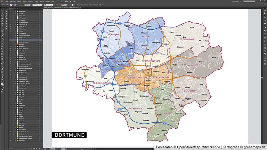 Dortmund Stadtplan Vektor Stadtbezirke Topographie, Vektorkarte Dortmund, Karte Stadt Dortmund, Karte Vektor Dortmund Stadtbezirke und Stadtteilnamen
