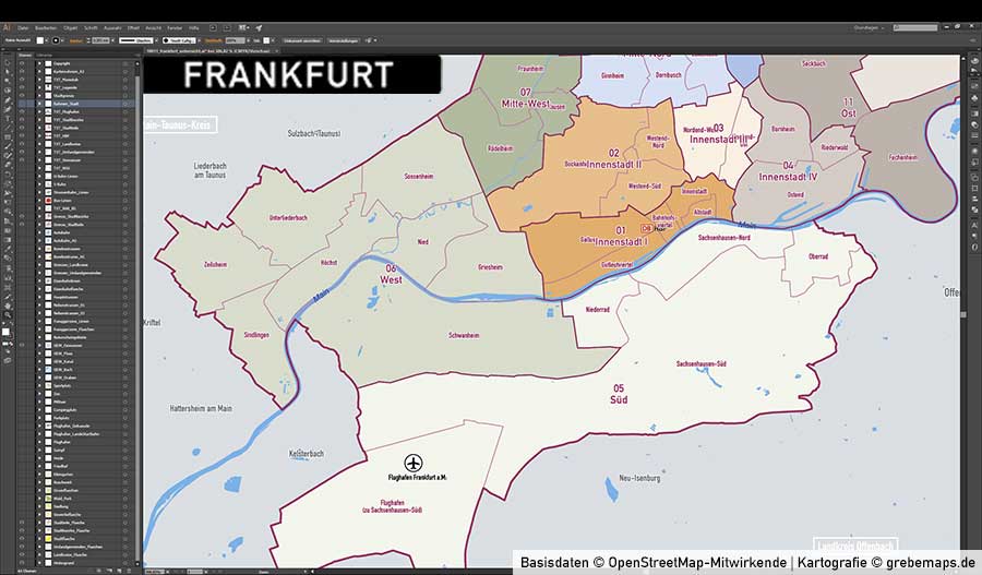 Frankfurt am Main Stadtplan Vektor Stadtbezirke Stadtteile Topographie, Karte Frankfurt am Main, Vektorkarte Frankfurt am Main, Stadtplan Karte Frankfurt am Main