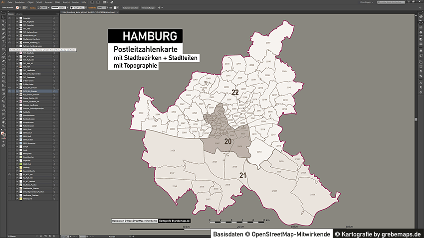 Hamburg Stadtplan Postleitzahlen PLZ-5 Topographie Stadtbezirke Stadtteile Vektorkarte, Karte Hamburg Postleitzahlen, PLZ-Vektor-Karte Hamburg, Karte Vektor Hamburg PLZ