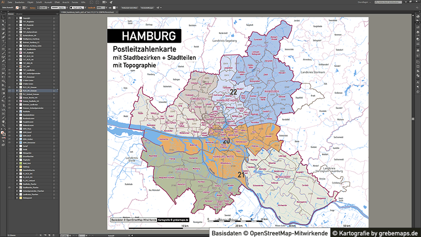 Hamburg Stadtplan Postleitzahlen PLZ-5 Topographie Stadtbezirke Stadtteile, Karte Hamburg Postleitzahlen, PLZ-Vektor-Karte Hamburg, Karte Vektor Hamburg PLZ
