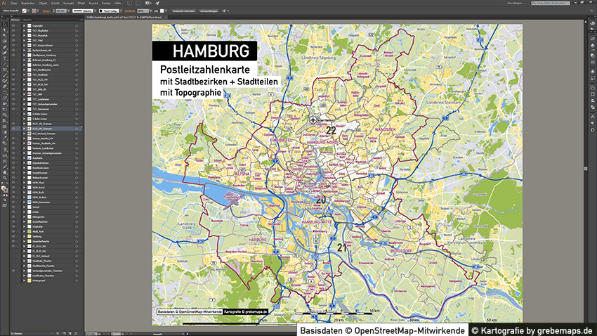 Hamburg Stadtplan Postleitzahlen PLZ-5 Topographie Stadtbezirke Stadtteile, Karte Hamburg Postleitzahlen, PLZ-Vektor-Karte Hamburg, Karte Vektor Hamburg PLZ