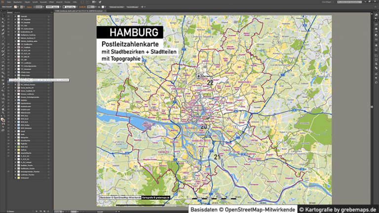 Hamburg Stadtplan Postleitzahlen PLZ-5 Topographie Stadtbezirke Stadtteile Vektorkarte