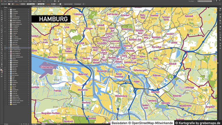 Hamburg Stadtplan Postleitzahlen PLZ-5 Topographie Stadtbezirke
