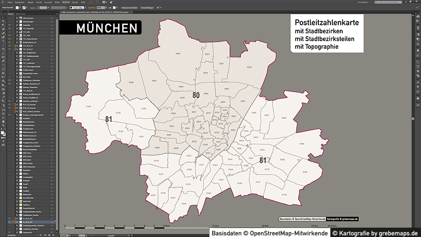 München Stadtplan Karte Postleitzahlen Topographie Stadtbezirke Stadtteile, Karte München Postleitzahlen, Karte München Stadtteile und Stadtbezirke, Vektorkarte München, PLZ-Karte, Karte PLZ-5 München