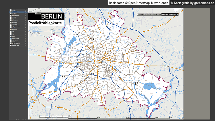 Berlin Karte Postleitzahlen PLZ-5 Vektorkarte, Postleitzahlenkarte Berlin 5-stellig, PLZ-Karte Berlin, Karte PLZ Berlin, Vektorgrafik PLZ Berlin