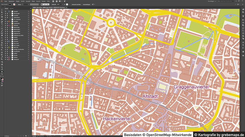 München-Zentrum Stadtplan Vektor mit Gebäuden Basiskarte