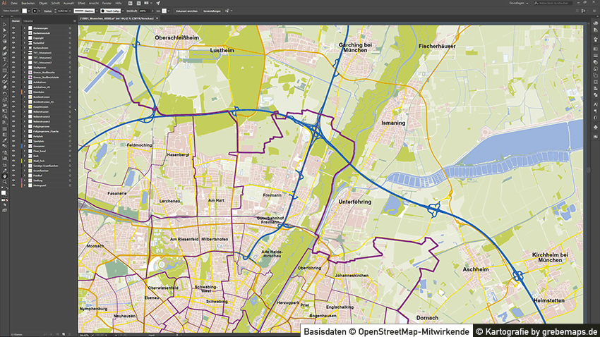 München Stadtplan Vektor mit Gebäuden, Karte München, Vektorkarte München mit Gebäuden, Karte München mit Bezirken und Stadtteilen