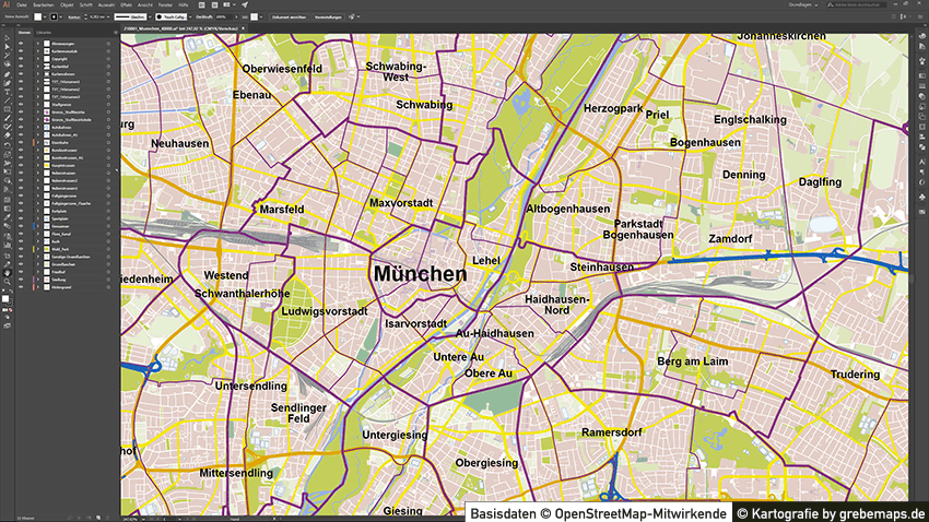 München Stadtplan Vektor mit Gebäuden, Karte München, Vektorkarte München mit Gebäuden, Karte München mit Bezirken und Stadtteilen