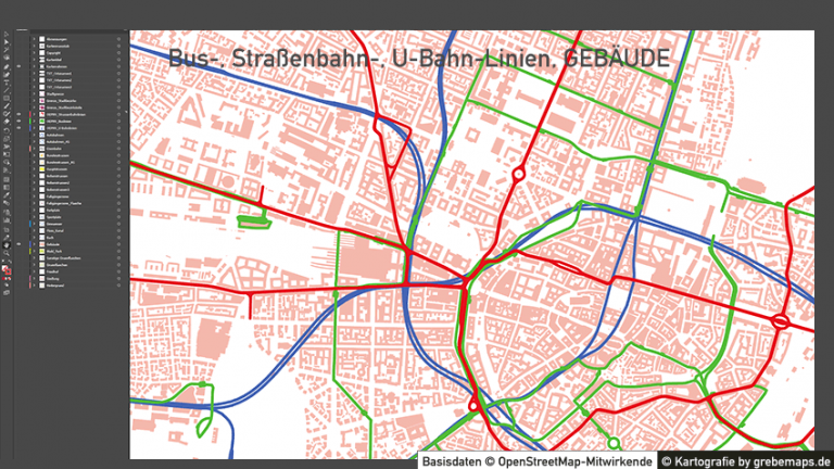 München Stadtplan Vektor mit Gebäuden + OEPNV-Linien, Vektorkarte München