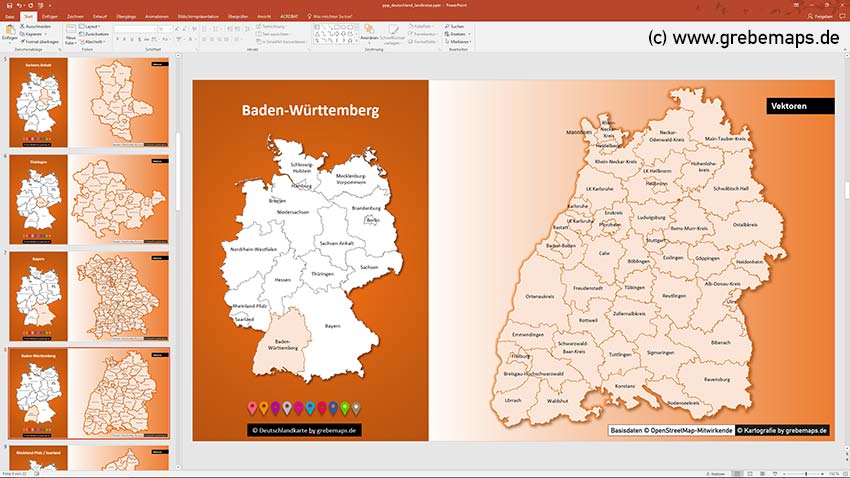 Landkreise Baden-Württemberg, Deutschland PowerPoint-Karte Landkreise Bundesländer, PowerPoint-Karte Landkreise Deutschland