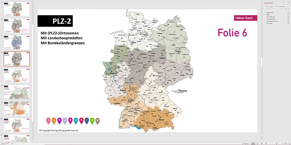 Deutschland PowerPoint-Karte Postleitzahlen PLZ-2, PLZ-Karte Deutschland PowerPoint mit Landeshauptstädte, Bundesländergrenzen ausgewählten Städten