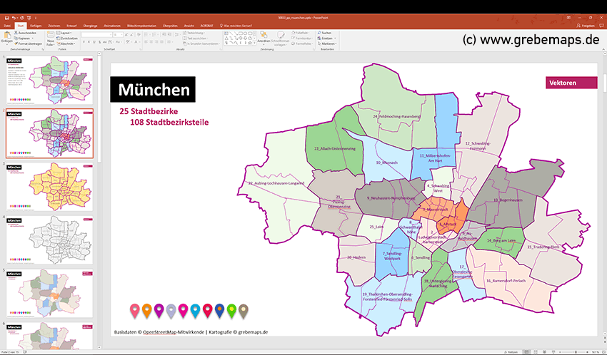 München PowerPoint-Karte Stadtbezirke und Stadtteile, Stadtplan München, topographische Basiskarten, Karte PowerPoint München