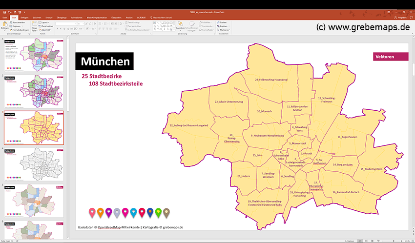 München PowerPoint-Karte Stadtbezirke und Stadtteile, Stadtplan München, topographische Basiskarten, Karte PowerPoint München
