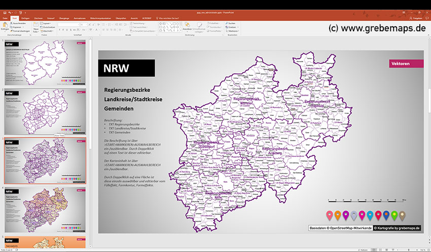 NRW PowerPoint-Karte Gemeinden Landkreise Regierungsbezirke, Nordrhein-Westfalen PowerPoint-Karte mit Gemeinden, mit Deutschland-Karte mit Bundesländern