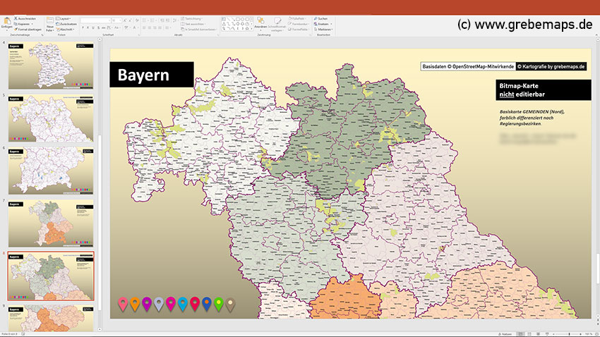 Bayern PowerPoint-Karte Landkreise Regierungsbezirke (Gemeinden als Bitmap-Karte), Karte Bayern Landkreise, Karte Bayern Regierungsbezirke, Karte Bayern Gemeinden