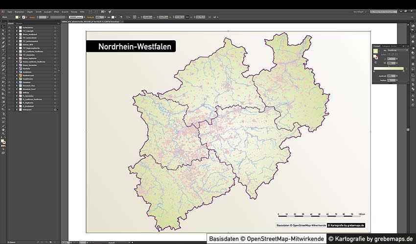 Nordrhein-Westfalen Vektorkarte NRW Landkreise Regierungsbezirke Gemeinden, Karte NRW Landkreise, Karte NRW Gemeinden, Gemeindekarte NRW, Vektorkarte Gemeinden NRW, NRW administrativ Karte