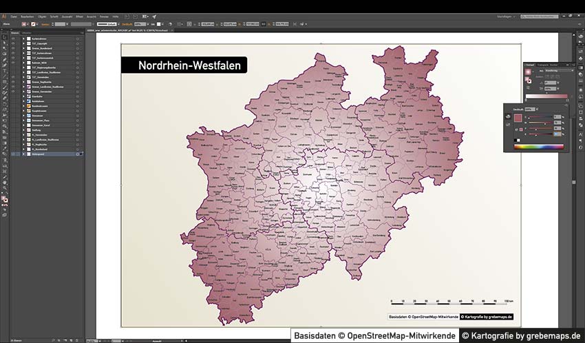 Nordrhein-Westfalen Vektorkarte NRW Landkreise Regierungsbezirke Gemeinden, Karte NRW Landkreise, Karte NRW Gemeinden, Gemeindekarte NRW, Vektorkarte Gemeinden NRW, NRW administrativ Karte