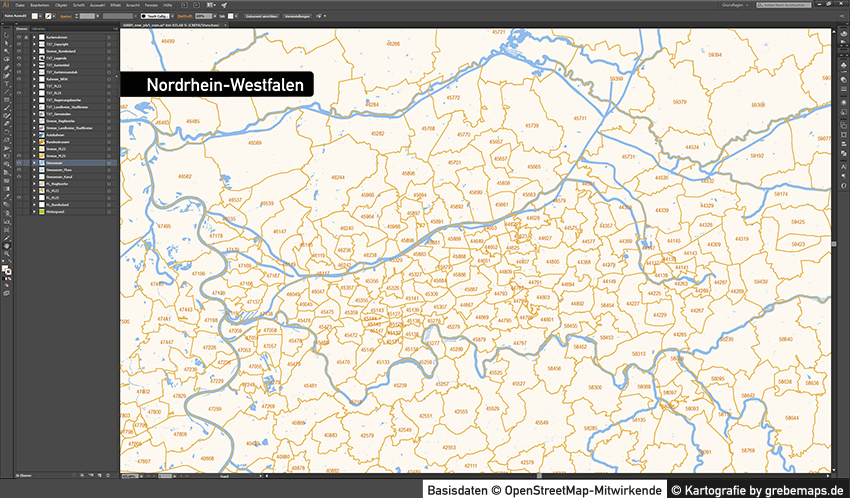 Nordrhein-Westfalen Postleitzahlenkarte 5-stellig PLZ-5 Vektorkarte, Karte NRW PLZ-5, Karte Postleitzahlen NRW, NRW Vektorkarte PLZ-5, Karte NRW PLZ 5-stellig, AI-Datei Karte NRW
