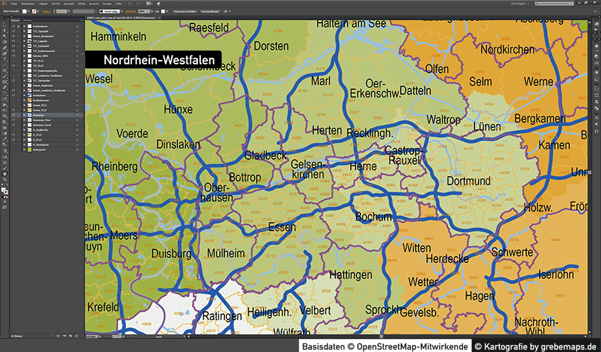 Nordrhein-Westfalen Postleitzahlenkarte 5-stellig PLZ-5 Vektorkarte, Karte NRW PLZ-5, Karte Postleitzahlen NRW, NRW Vektorkarte PLZ-5, Karte NRW PLZ 5-stellig, AI-Datei Karte NRW