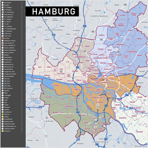 Hamburg Stadtplan Vektor Stadtbezirke Stadtteile Topographie