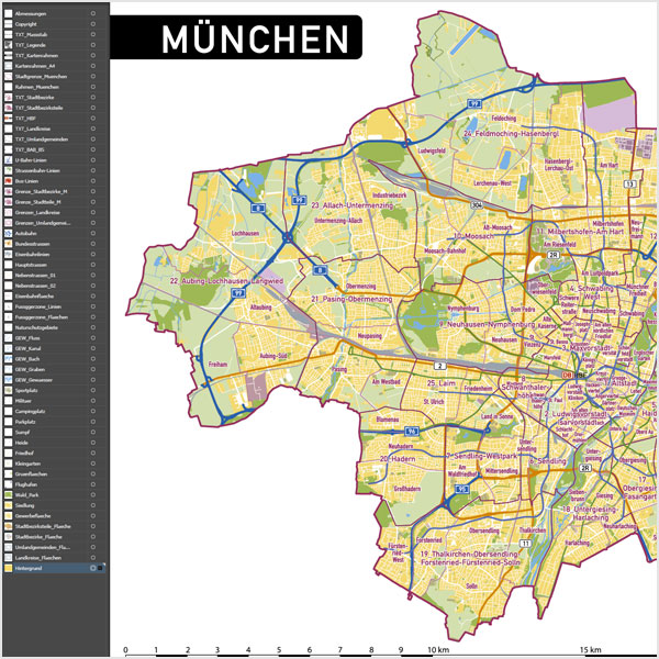 München Stadtplan Vektor Stadtbezirke Stadtteile Topographie