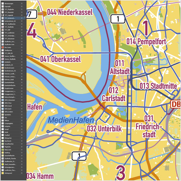Düsseldorf Stadtplan Vektor Stadtbezirke Stadtteile Topographie
