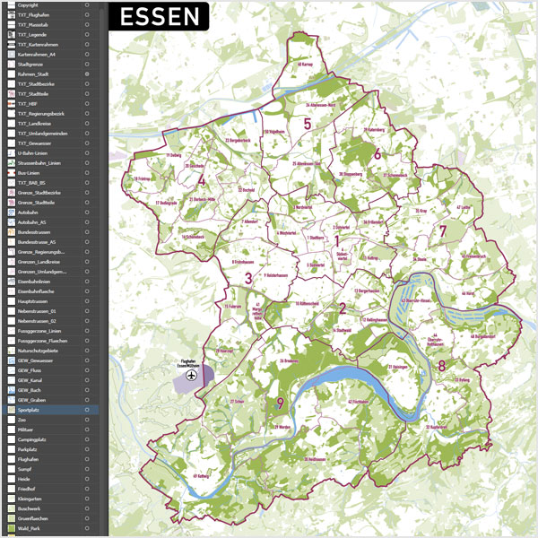 Essen Stadtplan Vektor Stadtbezirke Stadtteile Topographie