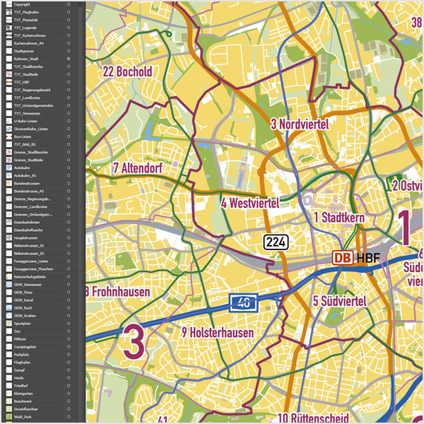 Essen Stadtplan Vektor Stadtbezirke Stadtteile Topographie