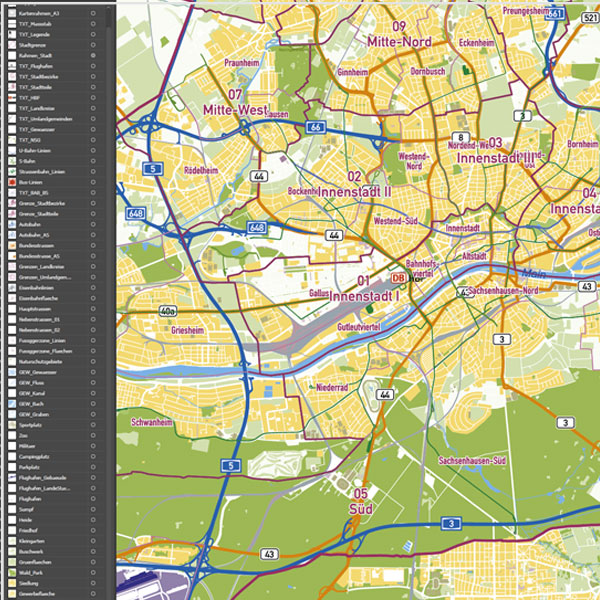 Frankfurt am Main Stadtplan Vektor Stadtbezirke Stadtteile Topographie
