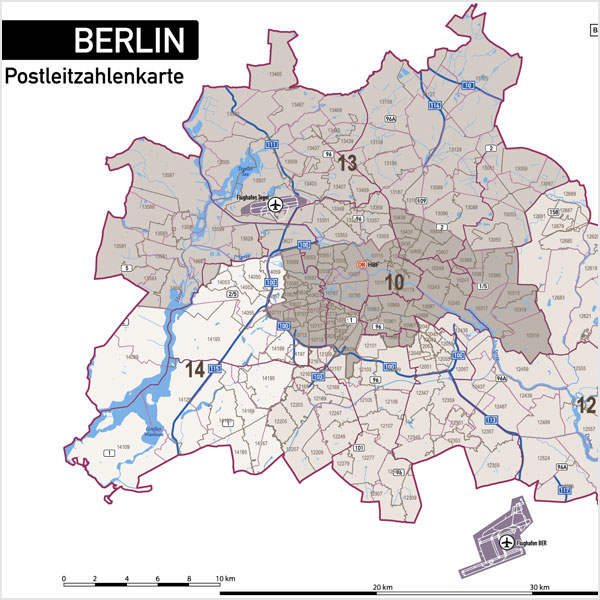 Berlin Stadtplan Postleitzahlen PLZ-5 Topographie Stadtbezirke Stadtteile