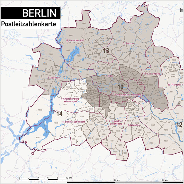 Berlin Stadtplan Postleitzahlen PLZ-5 Topographie Stadtbezirke Stadtteile