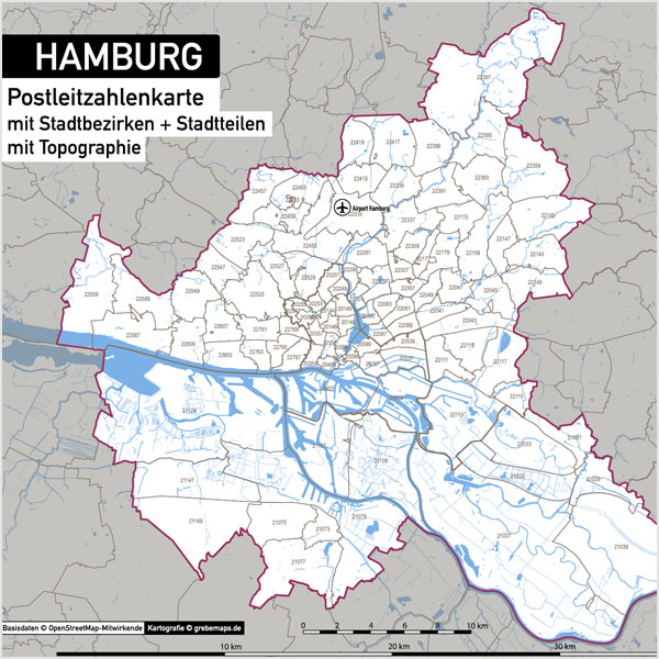 Hamburg Stadtplan Postleitzahlen PLZ-5 Topographie Stadtbezirke Stadtteile Vektorkarte