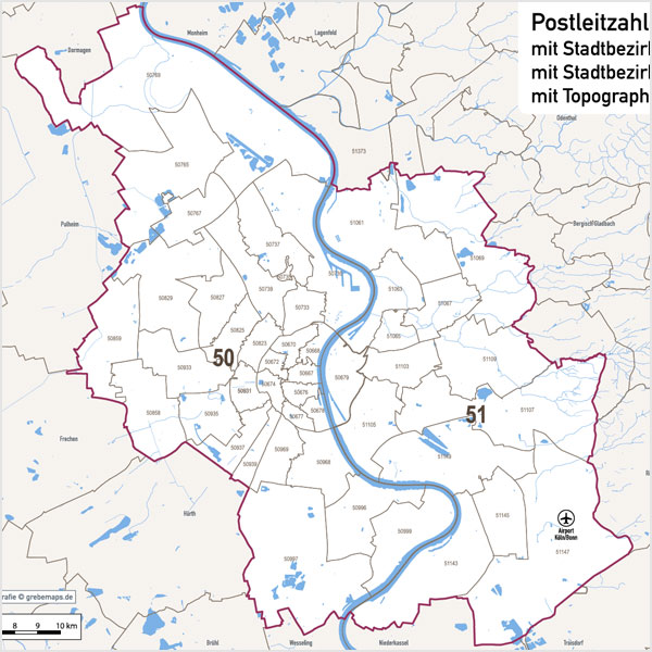 Köln Stadtplan Postleitzahlen PLZ-5 Topographie Stadtbezirke Stadtteile Vektorkarte