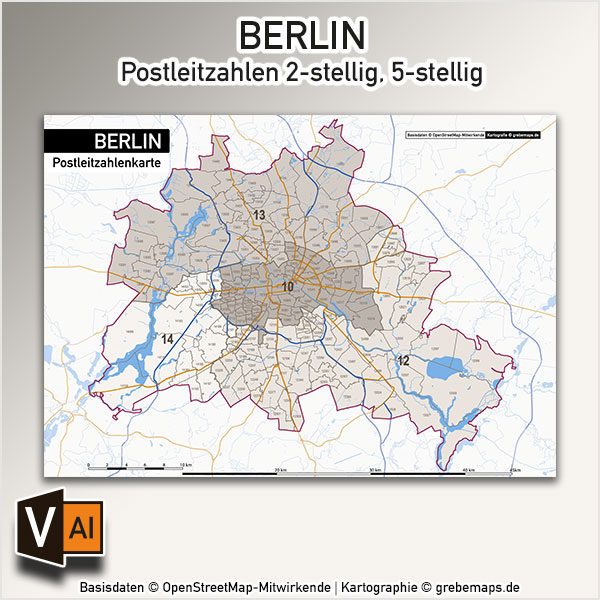 Berlin Karte Postleitzahlen PLZ-5-2 Vektorkarte