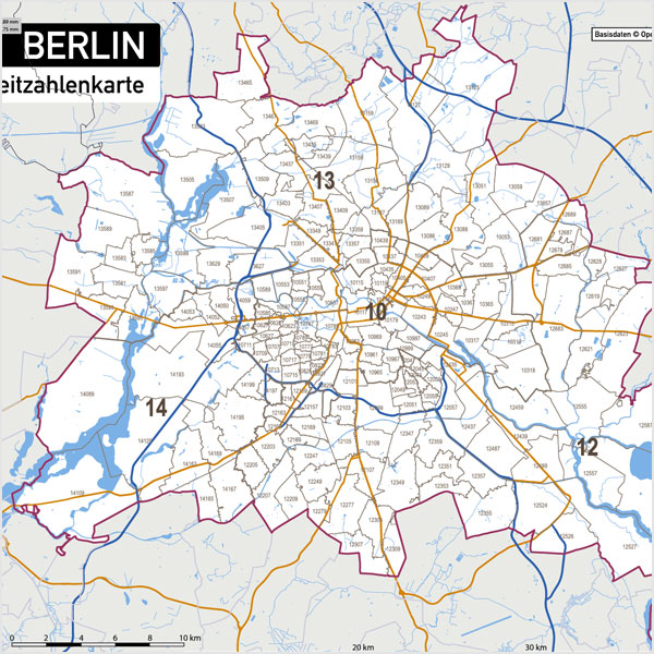 Berlin Karte Postleitzahlen PLZ-5-2 Vektorkarte