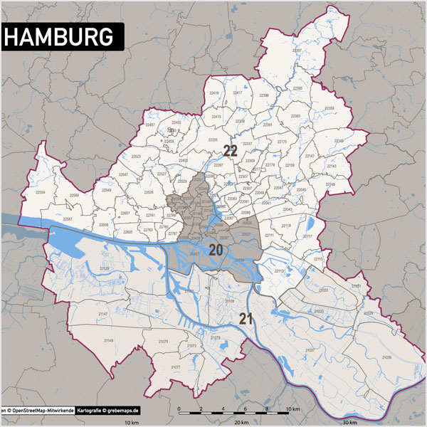 Hamburg Postleitzahlen-Karte PLZ-5 Vektorkarte