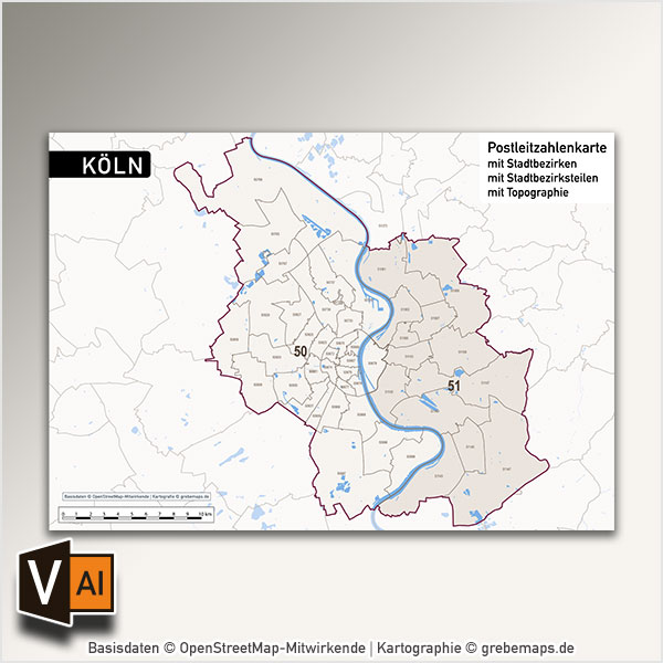 Köln Postleitzahlen-Karte PLZ-5 Vektorkarte