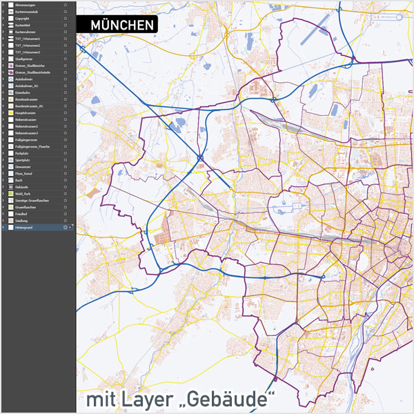 Vektorkarten Illustrator, München Stadtplan Vektor mit Gebäuden, Karte München mit Gebäuden + OEPNV-Linien, Vektorkarte München, Stadtplan München
