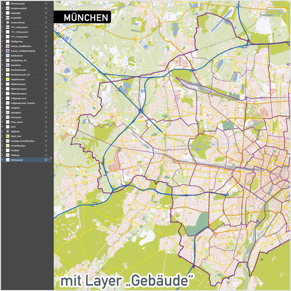 Vektorkarten Illustrator, München Stadtplan Vektor mit Gebäuden, Karte München mit Gebäuden + OEPNV-Linien, Vektorkarte München, Stadtplan München