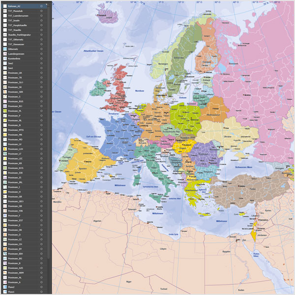 Europakarte Vektor mit Provinzen flächentreu