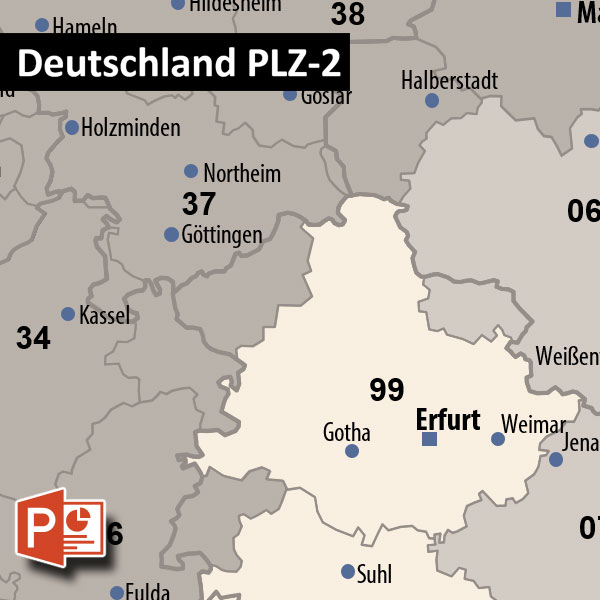 Deutschland PowerPoint-Karte Postleitzahlen PLZ-2, PLZ-Karte Deutschland PowerPoint mit Landeshauptstädte, Bundesländergrenzen ausgewählten Städten