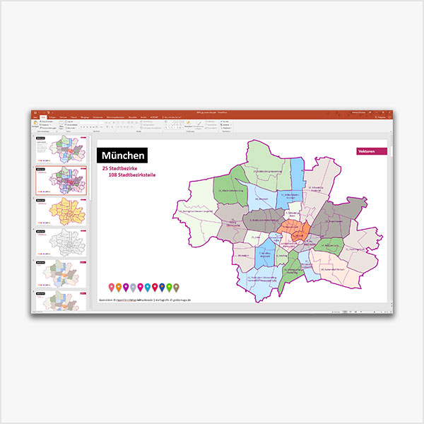 München PowerPoint-Karte mit Bezirken und Stadtteilen