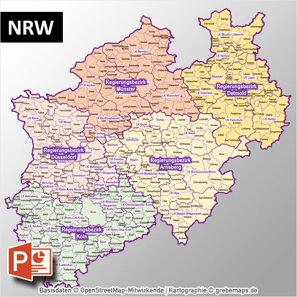 PowerPoint-Karte NRW Nordrhein-Westfalen Gemeinden Landkreise Regierungsbezirke