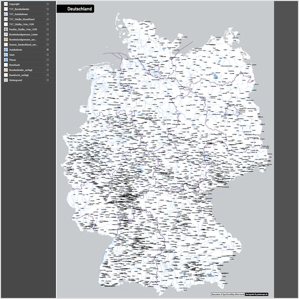 Deutschland Autobahnen Städte Gewässer Bundesländer Vektorkarte