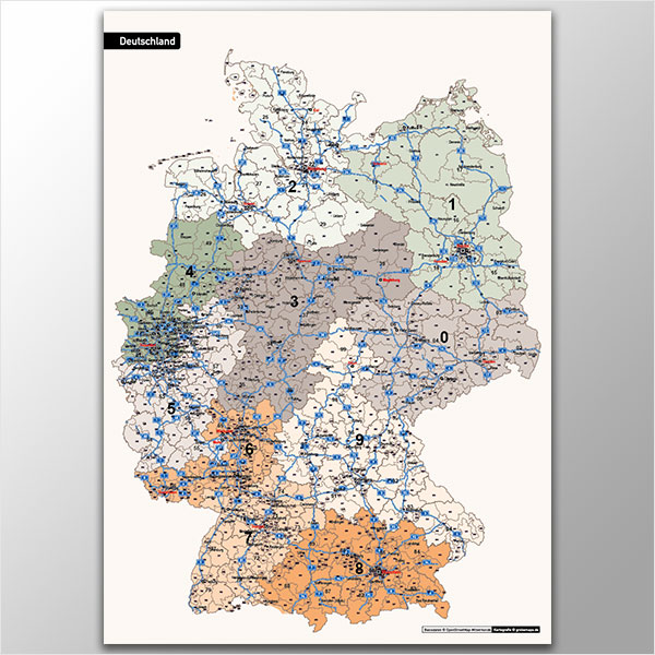Deutschland Postleitzahlenkarte PLZ-1-2-3 Vektorkarte 3-stellig, Karte Postleitzahlen Deutschland 3-stellig 2-stellig 1-stellig, Autobahnen
